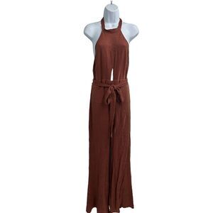 Faith & Asher Rust Halter Open Back Boho Cutout‎ Crinkled Jumpsuit Large
